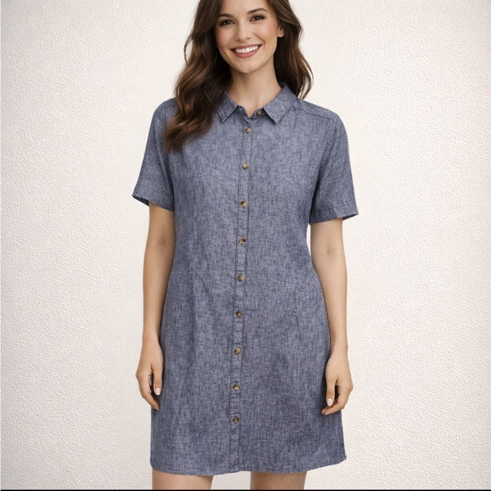 Tahari Linen Denim Blue Short Sleeve Women’s Mini Shirt Dress Sz L Casual